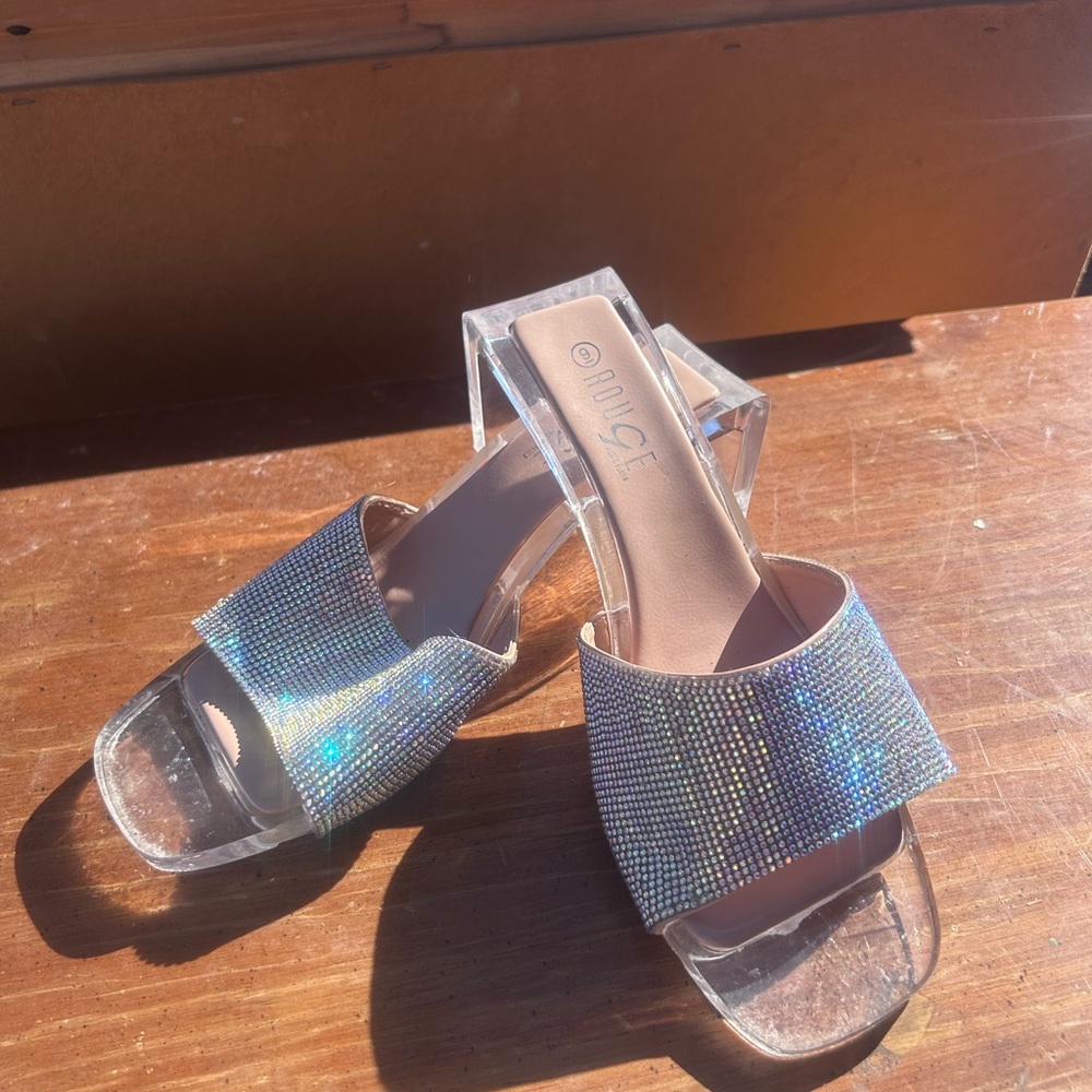 Rouge! Silver Heels with Clear Straps and Rhinestones